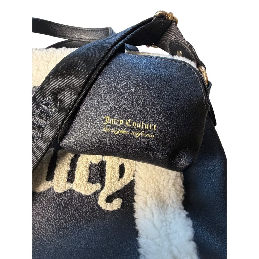 Juicy Couture Black Faux Leather mini Tote Sherpa Trim Crossbody Bag Coin Purse - Picture 3 of 8
